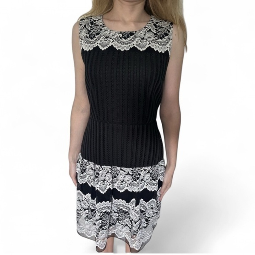 Anna Sui Black Eyelet with White Lace Accents Sleeveless Mini Dress, Size 0
